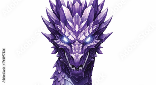 Close-up of a purple dragon's head mascot with glowing blue eyes and sharp teeth against a clean white background.
