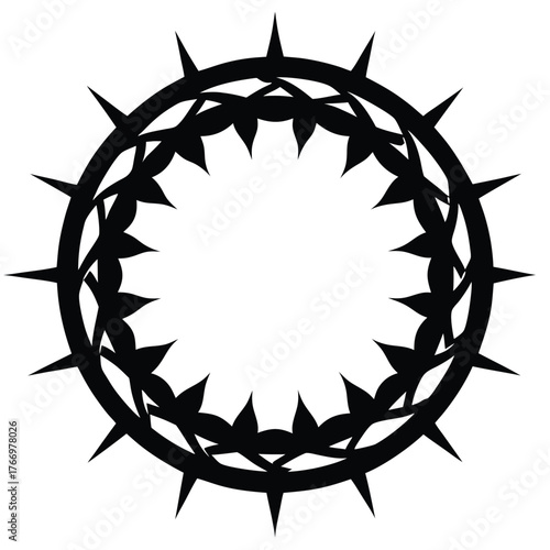 Black silhouette shows a crown of thorns in a circular shape over white