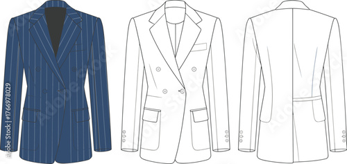 Men’s suit jacket front and back view, pinstripe fashion template, garment flat sketch, cad drawing flat vector illustration