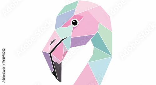 A colorful geometric head mascot of a flamingo in pastel hues against a clean white background with a graphic design style.