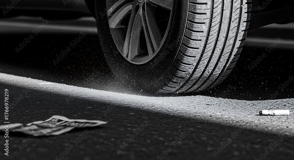 custom made wallpaper toronto digitalClose-up of Car Tire Skidding on Road with Debris and Dust in Black and White