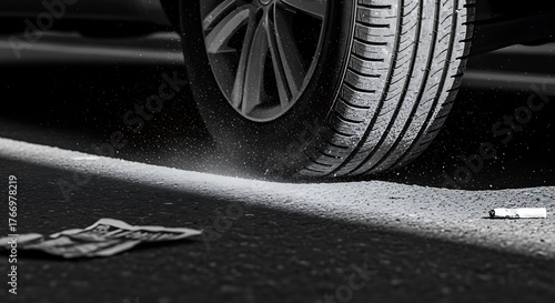 Wallpaper Mural Close-up of Car Tire Skidding on Road with Debris and Dust in Black and White Torontodigital.ca