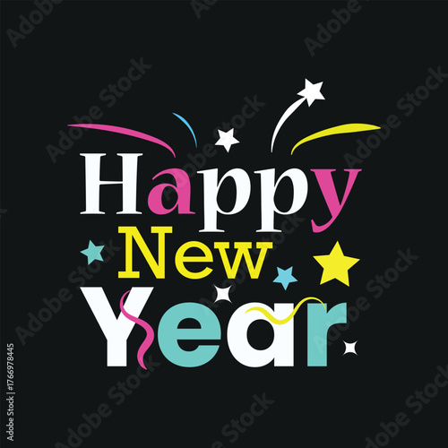 Happy New Year text design with colorful typography, stars, and confetti elements on a dark background.