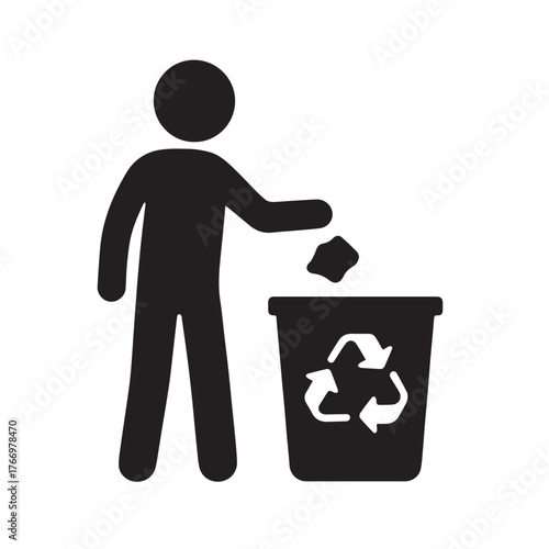 Silhouette of a person throwing trash into a recycling bin isolated on white background, promoting environmental awareness and responsible waste management