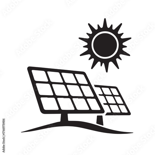 Solar panel with sun isolated on white background, representing renewable energy and sustainable technology for a cleaner environment and future