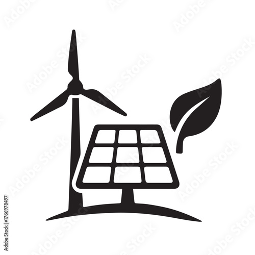 Wind turbine and solar panel with leaf isolated on white background, showcasing sustainable energy sources for a greener and ecofriendly future