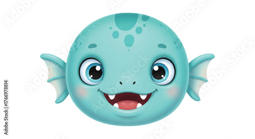 A cheerful cartoon fish head mascot with a big smile and rosy cheeks on a plain white background.