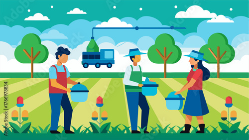 A group of farmers utilizing multiple smart fertilizer dispensers across a large field ensuring consistent nutrient distribution.. Vector illustration