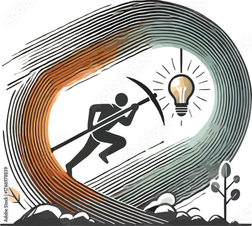 Person with pickaxe running towards a glowing lightbulb