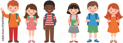 PrintCartoon school children with backpacks, diverse outfits, educational theme, vector illustration, back to school, classroom design, white background, smiling students