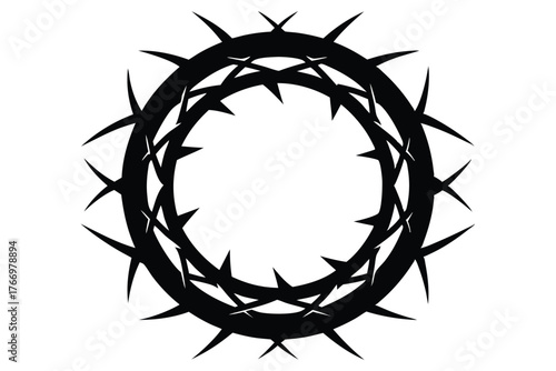 Symbolic black thorny crown encircles a bright opening, evoking pain and sacrifice against white