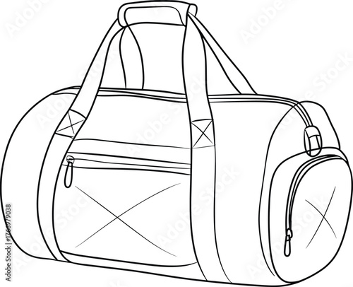 Sports duffel bag technical flat sketch, gym travel bag vector illustration, CAD drawing design, fashion accessory flat template illustration