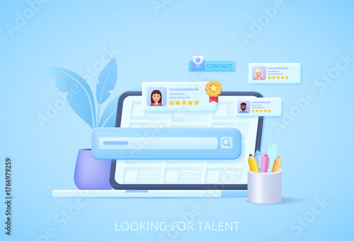Online hiring scene 3d vector illustration with open laptop and friendly job seekers, human touch digital recruitment, people looking for work through direct contact without middlemen