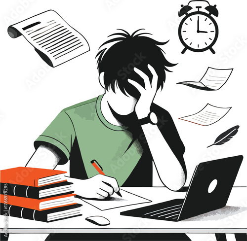 Stressed student with books and laptop working late