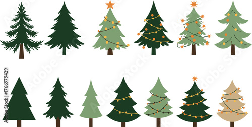 PrintStylized Christmas tree collection, festive decorations, holiday vector art, colorful seasonal design, ornament variety, creative tree shapes, celebration illustration
