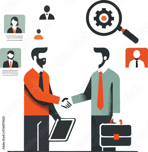 Two businessmen shaking hands with briefcase and tablet