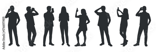 Silhouettes of People Using Smartphones: Diverse Poses on Transparent