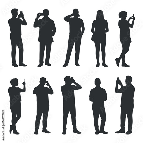Silhouettes of People Taking Pictures with Phones: Isolated on White