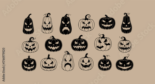 Collection of hand drawn halloween pumpkin faces and jack o lanterns