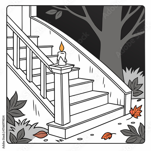 Halloween coloring page of vector illustration of spooky staircase candle & autumn leaves 