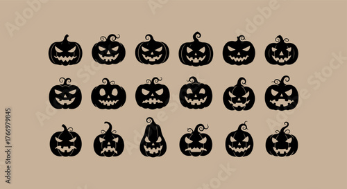 Collection of spooky carved halloween pumpkins with various scary faces