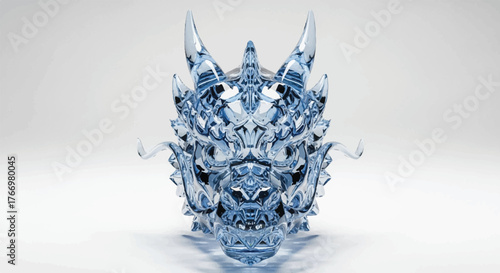 A close-up shot of a blue dragon head mascot made of crystal or glass on a white background with a cinematic lighting effect.