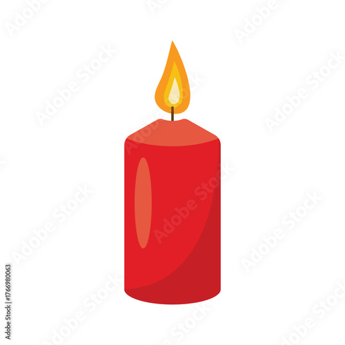 A single bright red cylindrical candle with a vibrant orange and yellow flame burning on a white background