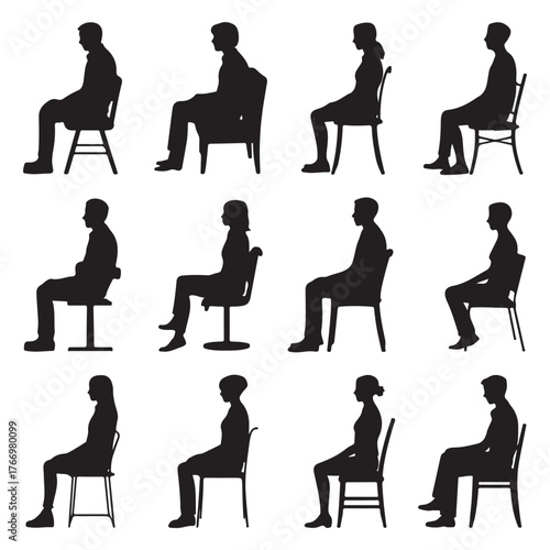 silhouettes of men and women and teenagers sitting on bench or chair vector