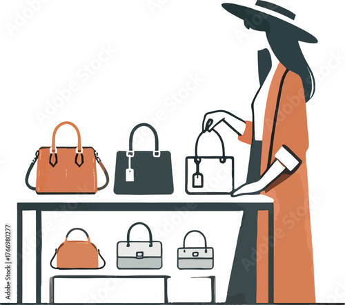 Woman in hat and coat examining handbags on display shelf