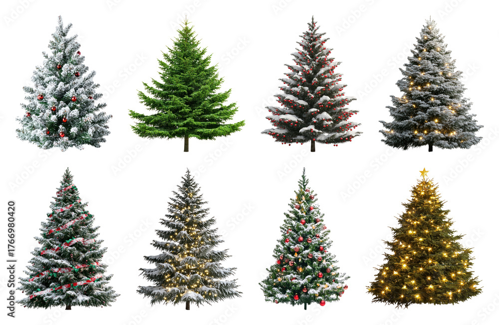 Obraz premium PNG Festive evergreen trees beautifully decorated, element set on transparent background