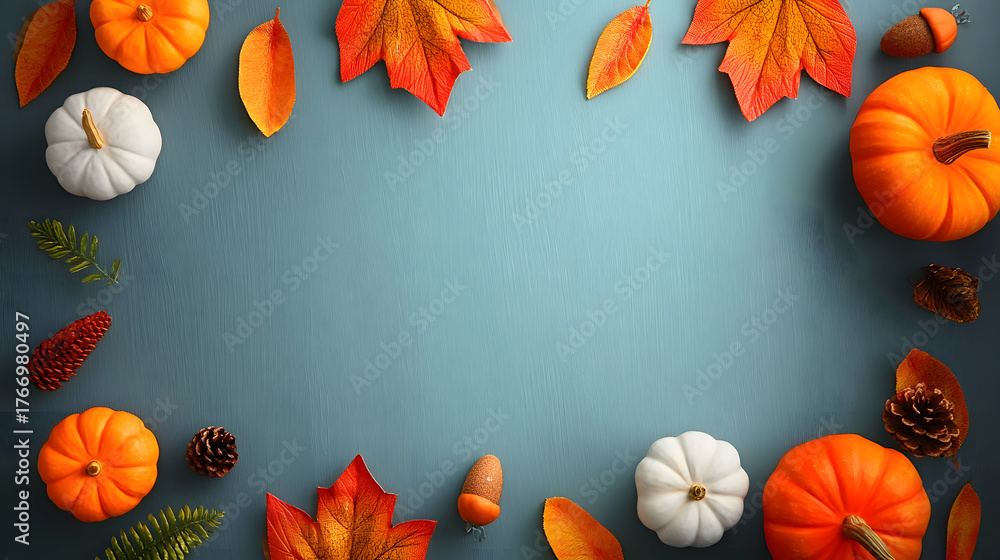 Obraz premium Autumn background with pumpkins and colorful leaves on blue wooden table. Ideal for seasonal promotions and fall decor.