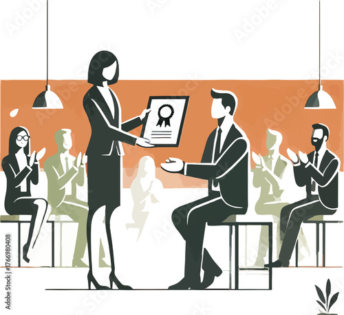 Woman presents award certificate to man in front of clapping audience