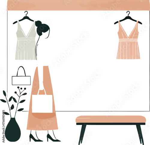 Woman shopping for dresses and bags in a boutique fashion