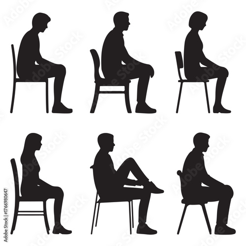 silhouettes of men and women and teenagers sitting on bench or chair vector