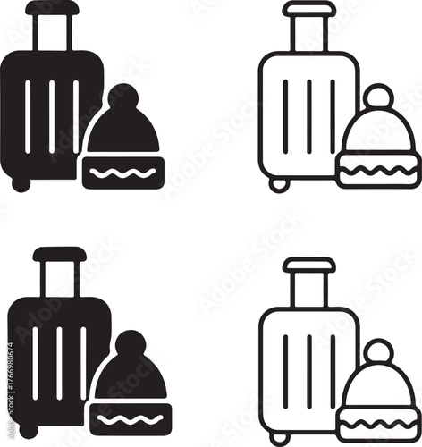Isolated winter travel icon set, winter travel luggage vector, vacation journey cold weather, minimal thin stroke solid black outline, adventure editable travel vector art
