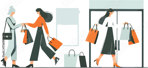 Women with shopping bags entering and exiting store