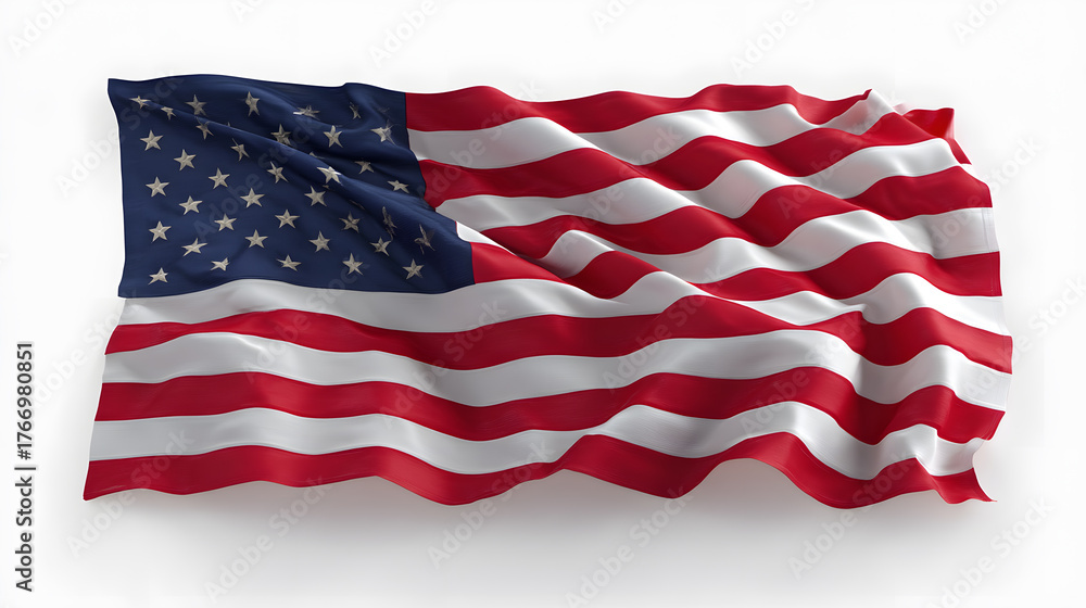 Obraz premium Realistic American flag isolated on white background, ideal for patriotic designs, national holidays, and political or cultural visuals.