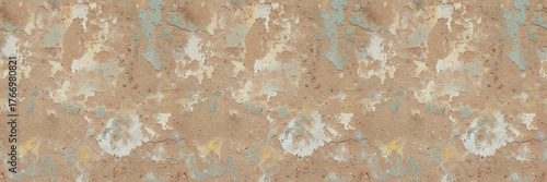 Seamless pattern. Aged wall with cracked plaster, peeling paint, and earthy stains, captured in a natural rustic style on a faded rough background. Concept of decay, vintage, and texture design