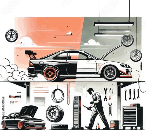 Car repair shop scene with mechanic and sports car