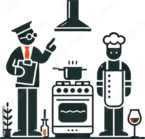 Chef and inspector in kitchen with stove and wine cooking