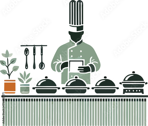 Chef with food serving dishes and plants cooking