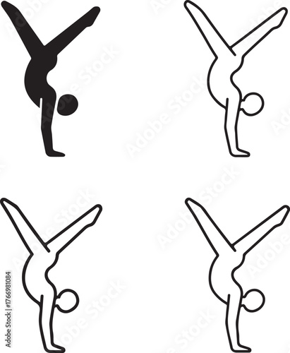 Isolated gymnast handstand icon set, gymnast handstand vector, gymnastics athlete balance pose, minimal thin stroke solid black outline, sports editable gymnast vector art