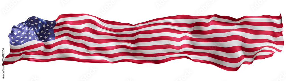 Obraz premium Stylized flag of USA waving in the wind on transparent background. Footer, header or divider. Cut out wide, panoramic element. Banner for patriotic themes or national event promotions. 3D.