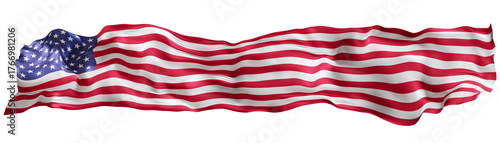 Stylized flag of USA waving in the wind on transparent background. Footer, header or divider. Cut out wide, panoramic element. Banner for patriotic themes or national event promotions. 3D.
