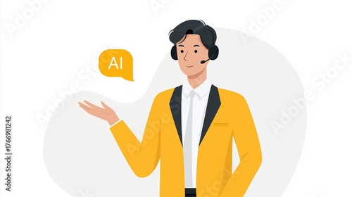 Professional male character in a yellow suit with headset gestures while presenting AI concept, showcasing modern technology and communication in a digital environment