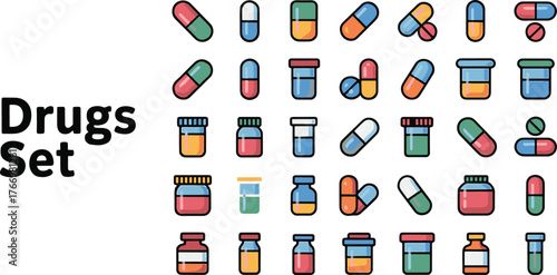 pharmaceutical drugs capsules and syrup bottles for healthcare and medicine Colorful silhouette icons