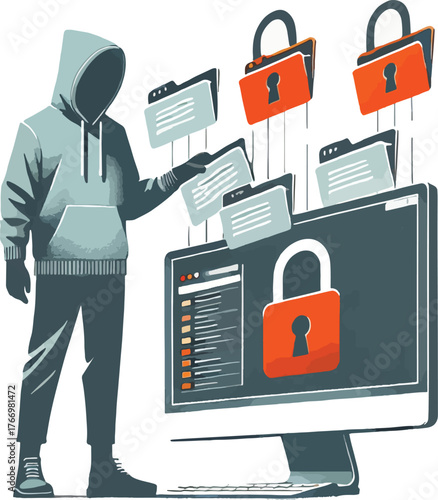Hacker accessing digital files with security locks