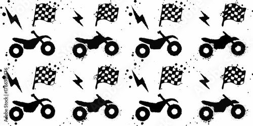 Dynamic black and white pattern featuring motorcycles racing flags and lightning bolts
