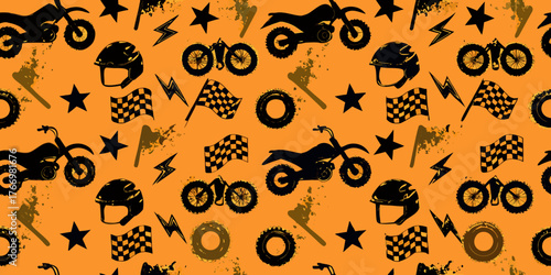 Dynamic motocross pattern featuring silhouettes of motorcycles helmets checkered flags and stars on orange background