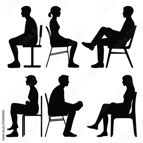 silhouettes of men and women and teenagers sitting on bench or chair vector